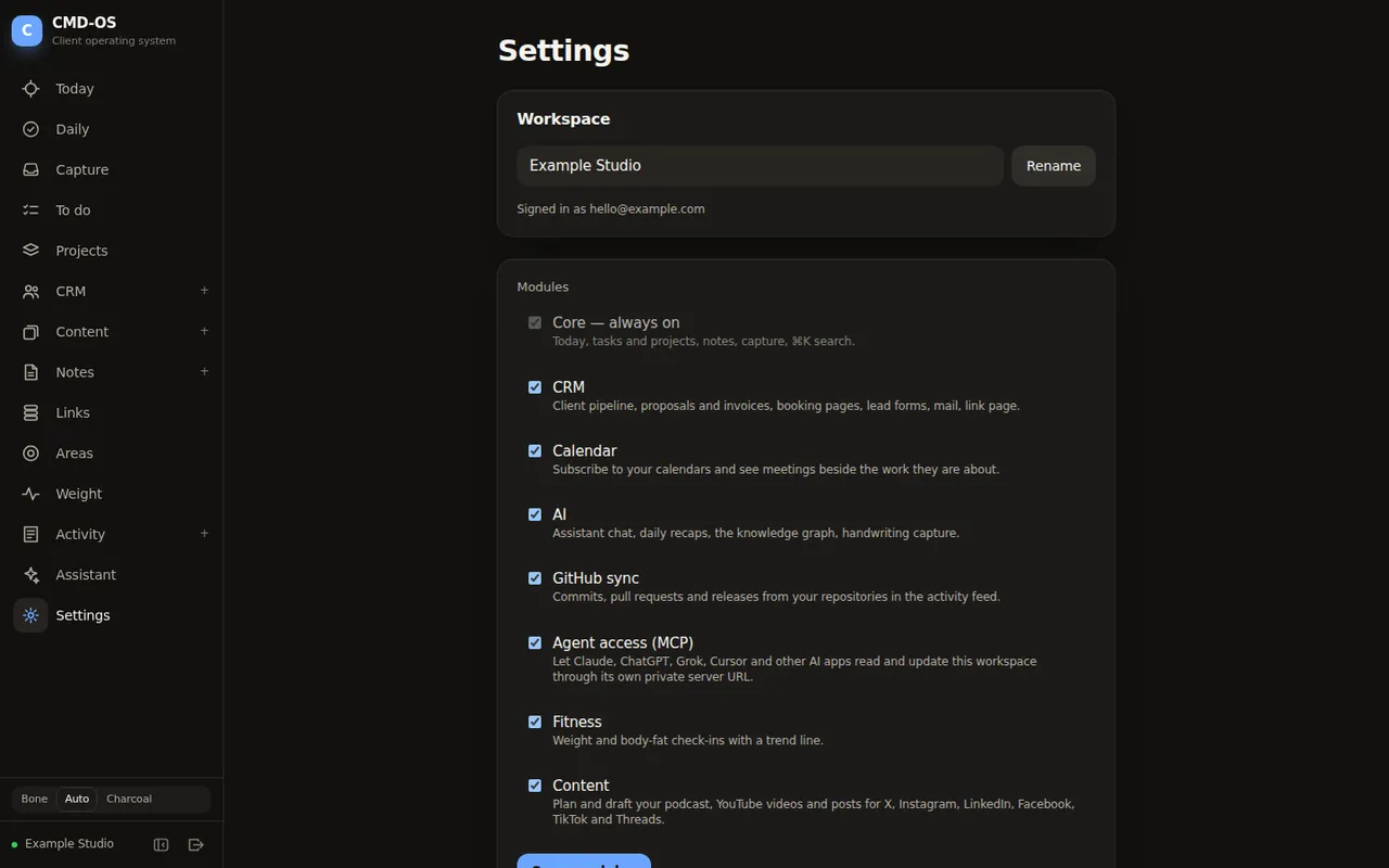 Modules — The core is always on; everything else is switched on when the business needs it.