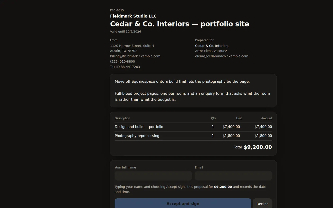 Proposal — Opened from a link by a client with no account, and signed in the page.