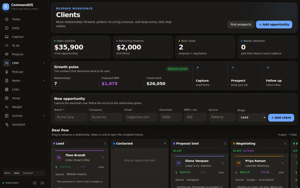 Pipeline — Every client by stage, with the deal value and how long since anyone spoke.