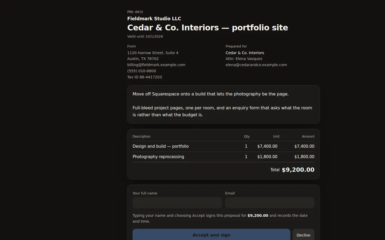 Proposal — Opened from a capability link by someone with no account, and signed in the page.