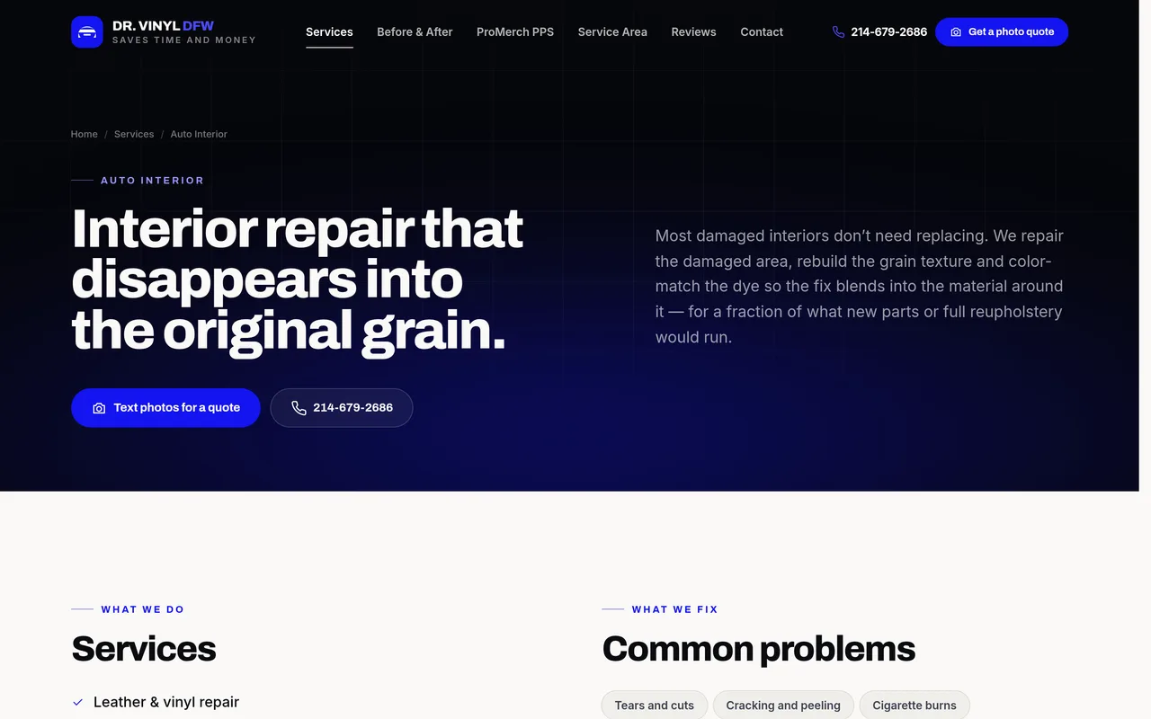 A service page: surfaces, damage types, process and FAQ, carrying its own Service and FAQPage schema.