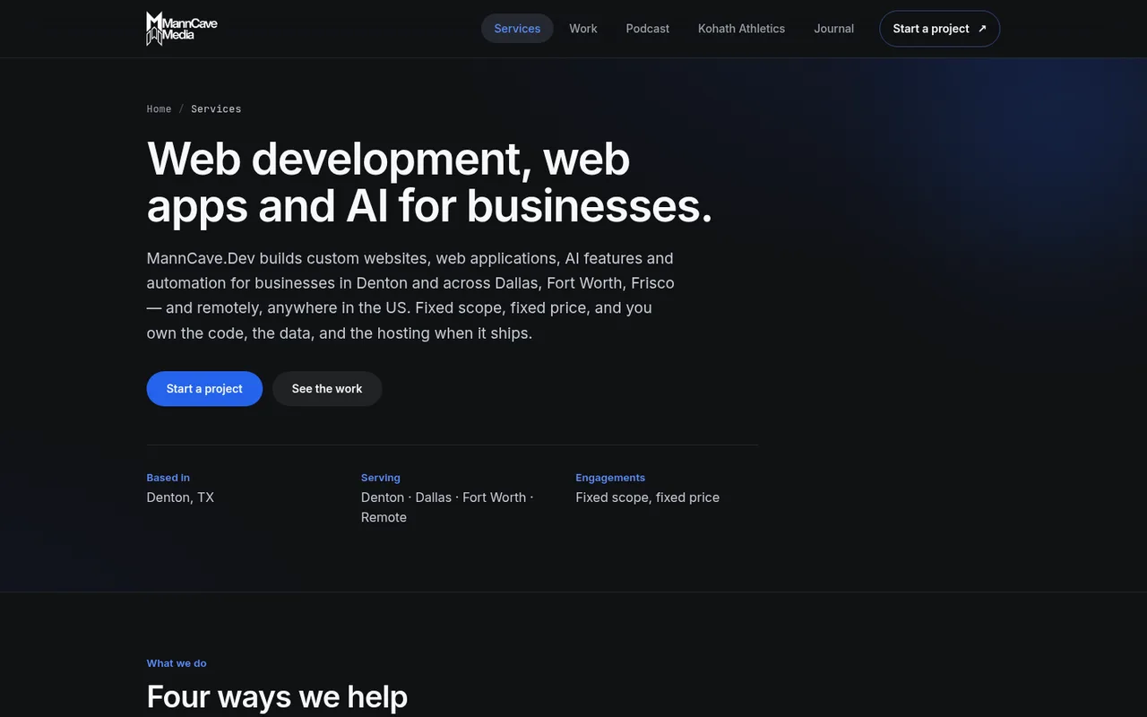 Services: web development, web apps, AI and automation, each with its own page, FAQ and structured data.