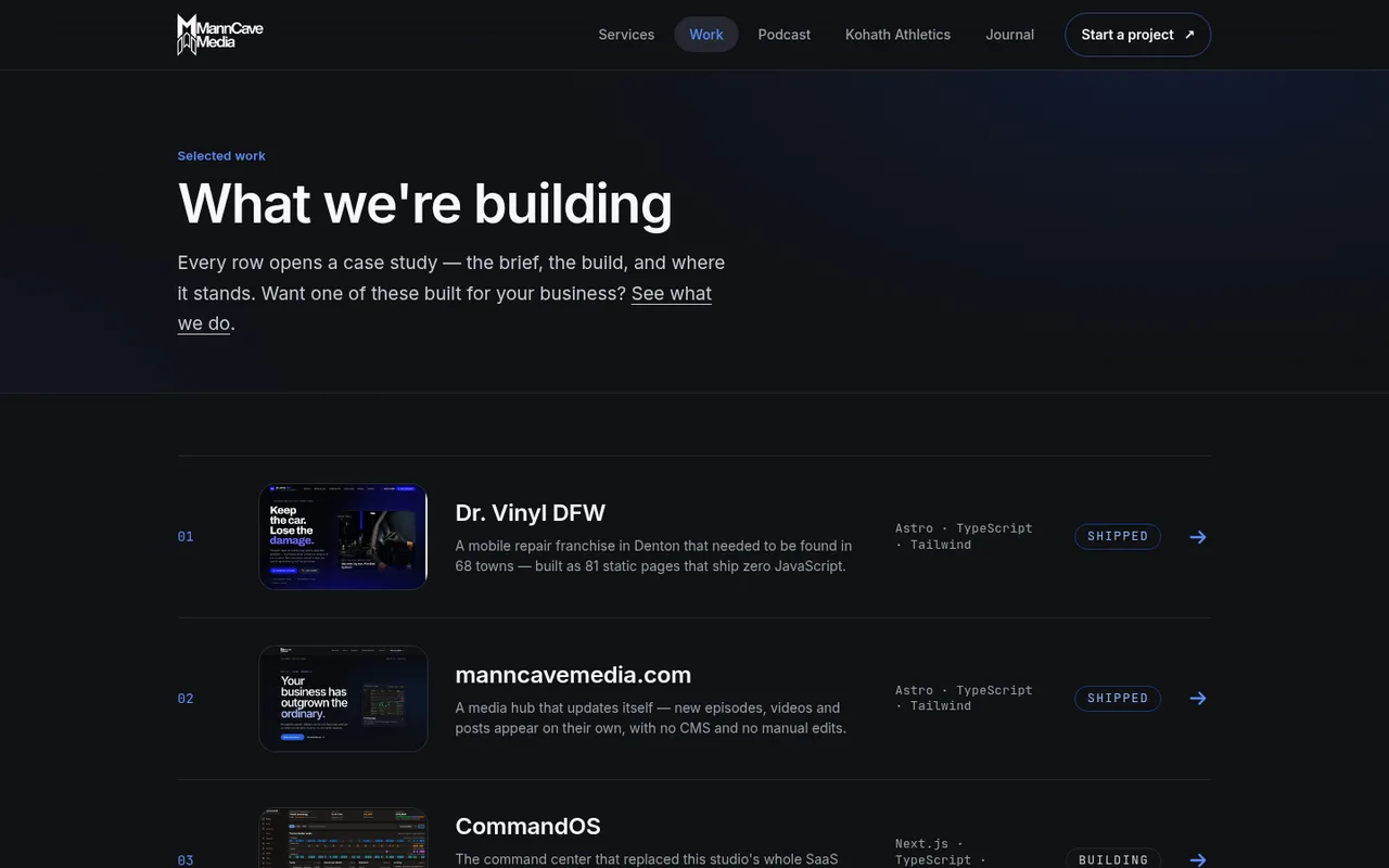 The work index. Each row opens a case study, and a tagged GitHub repo can join it without a code change.